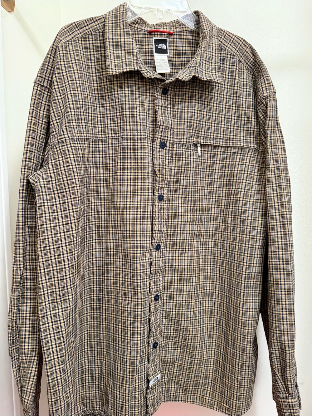 The North Face Men's Tan and Blue Plaid Button-Down Shirt